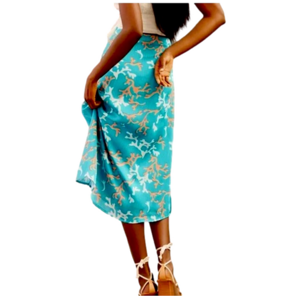 Anthropologie Maeve A-Line Button Front Midi Skirt Size 2 Coral Print Aqua - Picture 4 of 11